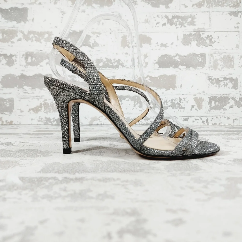 NEW Pelle Moda Rooni Silver Sparkle Mid Heel Slip On Sandals W554 - Picture 6 of 13